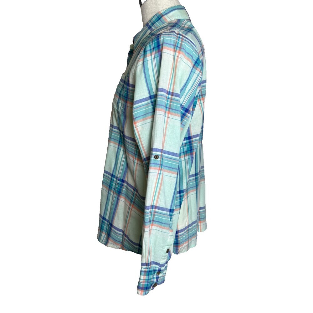 The North Face Button Up Blouse Women's Sz XL Blue Green Plaid Roll Tab Sleeves - Picture 7 of 15